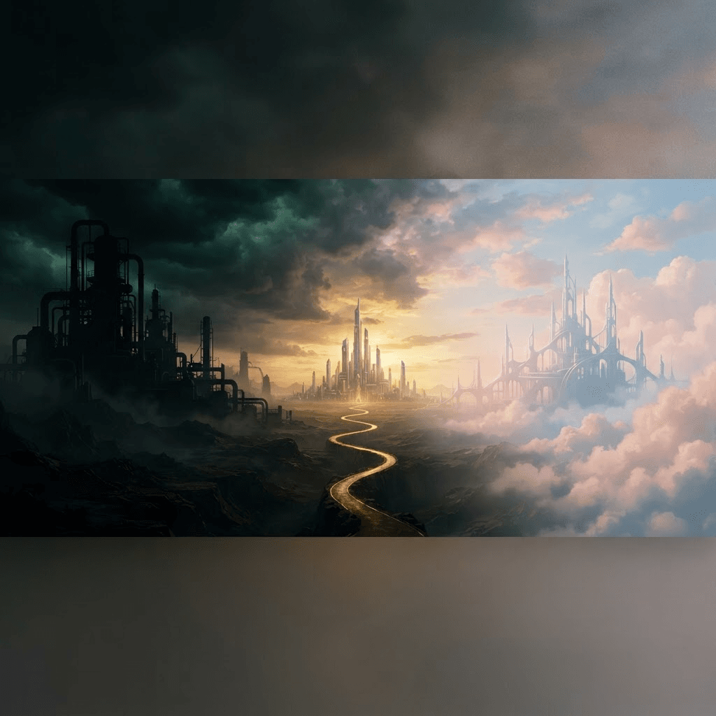 Illustrated industrial landscape seen as a planet surface
