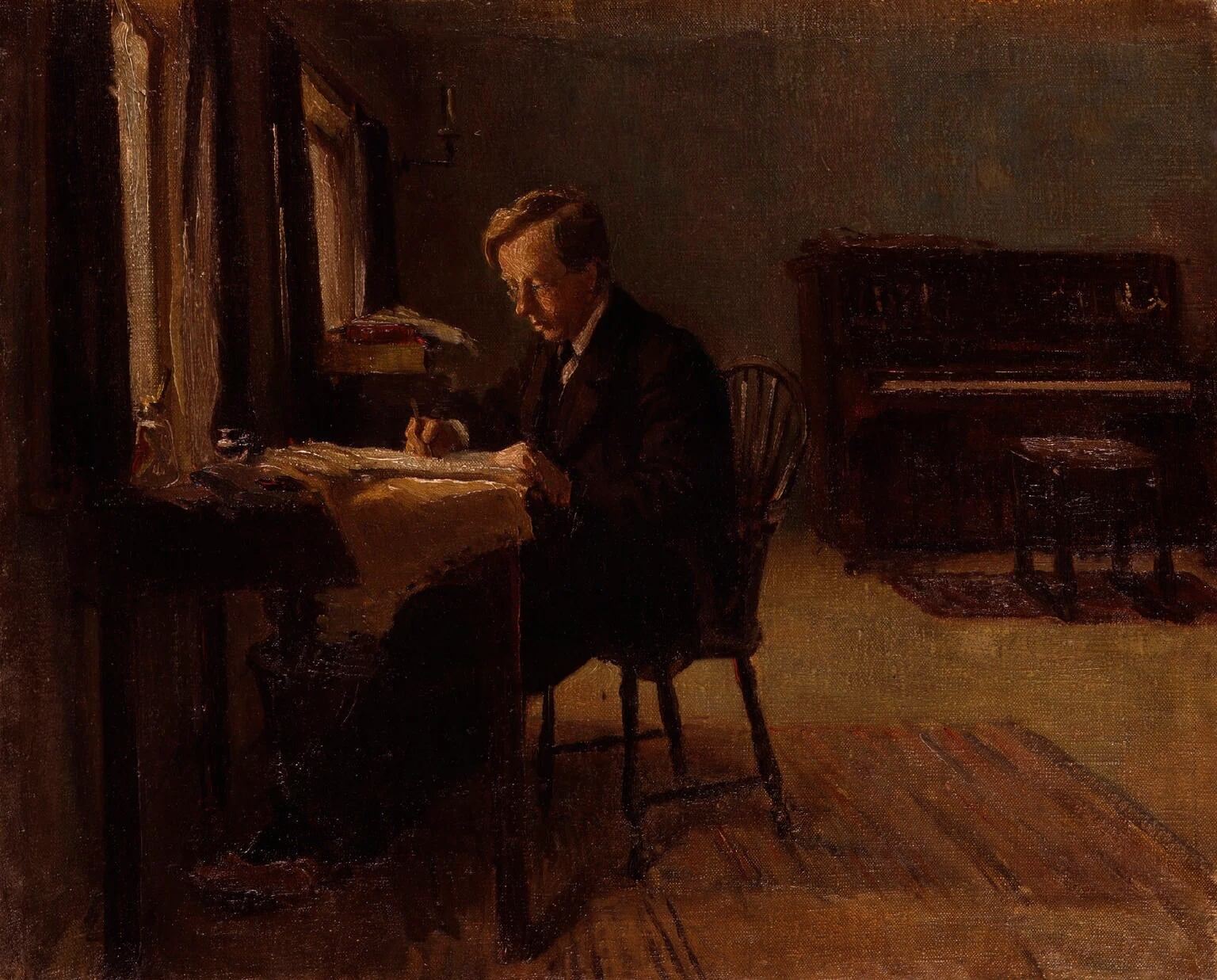 Oil portrait of Gustav Holst wearing spectacles and seated at a desk, painted by Millicent Lisle Woodforde in 1910.